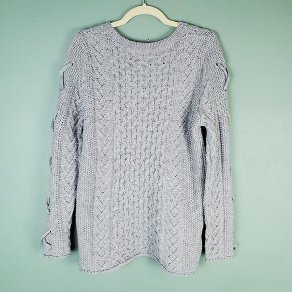 John + Jenn Heather Grey Cable Knit Maternity Laced Sleeve Sweater Size Medium - Picture 2 of 6